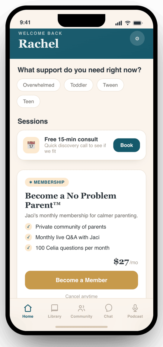 No Problem Parenting app home screen
