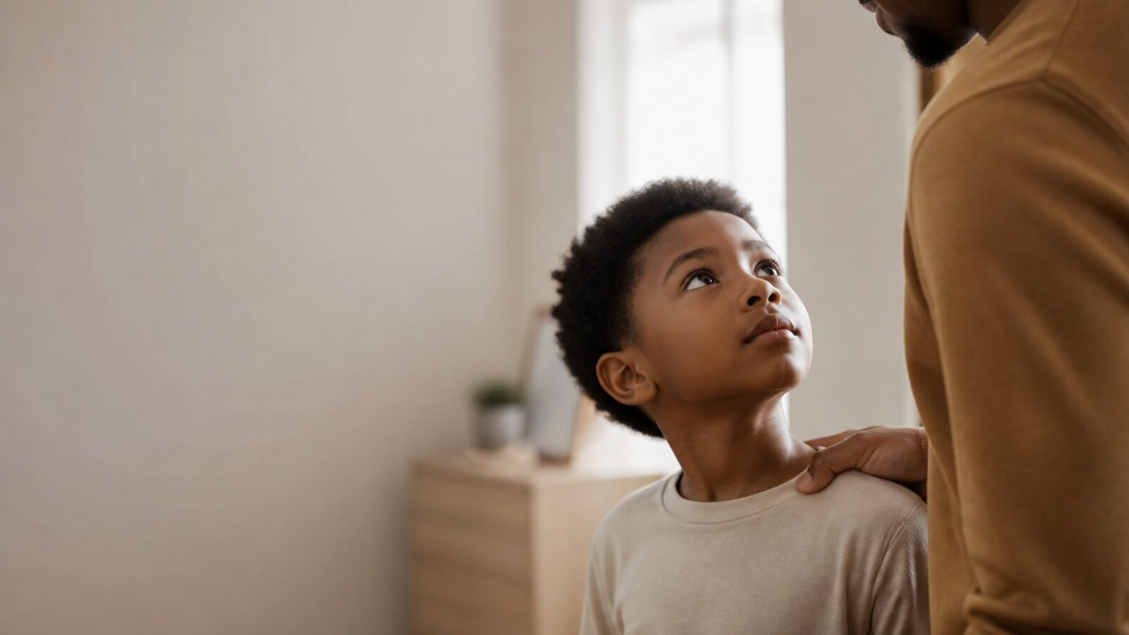 A father resting a steady hand on his son's shoulder in soft window light