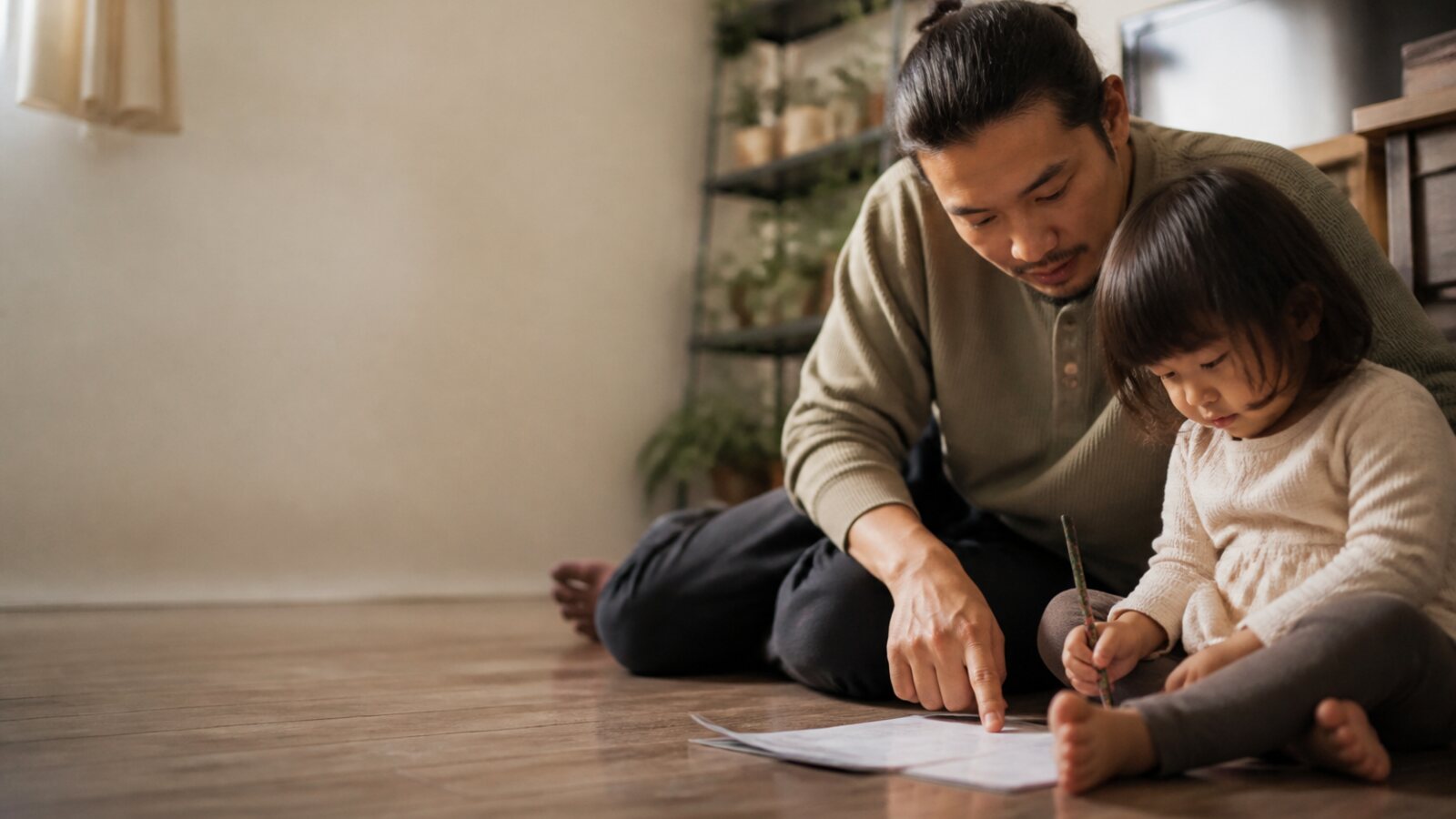 A father sitting on the floor beside his young son at home