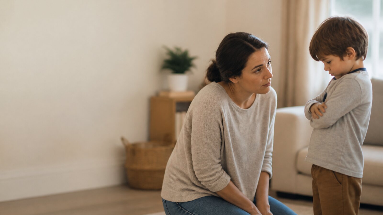 A parent staying grounded at eye level while a child pushes back